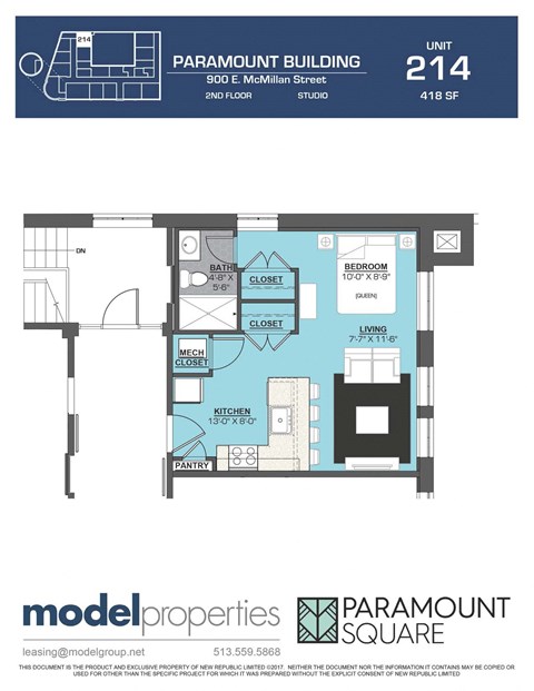 Floor plan for studio, 1 bath, 418 sqft